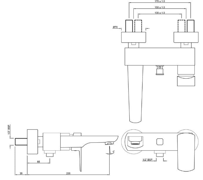 Bản vẽ kỹ thuật củ sen tắm gắn tường màu đồng cổ Ấn Độ Jaquar KUP-ACR-35119PM
