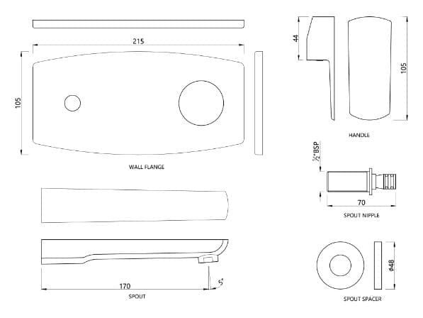 Bản vẽ kỹ thuật vòi chậu âm tường màu đen Ấn Độ Jaquar KUP-BLM-35233NKPM