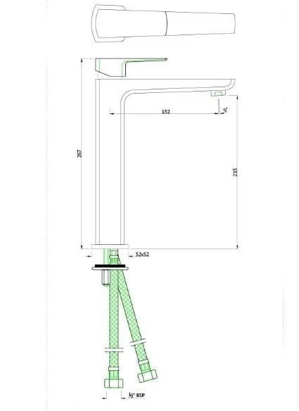 Bản vẽ kỹ thuật vòi chậu rửa mặt nóng lạnh màu than chì Ấn Độ Jaquar KUP-GRF-35005BPM