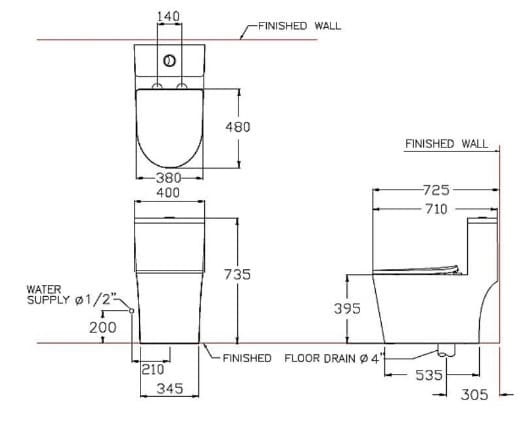 Bản vẽ kỹ thuật bàn cầu 1 khối xả nhấn Cotto C11003HNOS 