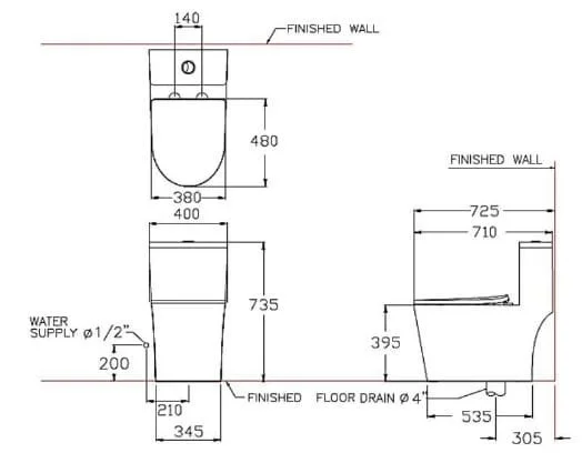 Bản vẽ kỹ thuật bàn cầu 1 khối xả nhấn Cotto C11003HNOS 