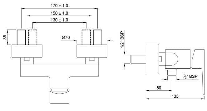 Bản vẽ kỹ thuật củ sen tắm gắn tường màu đồng cổ Ấn Độ Jaquar KUP-SSF-35149PM