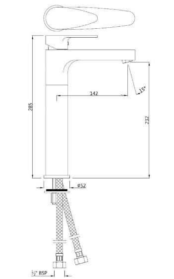 Bản vẽ kỹ thuật vòi chậu rửa mặt thân cao màu chrome Ấn Độ Jaquar VGP-CHR-81005NB