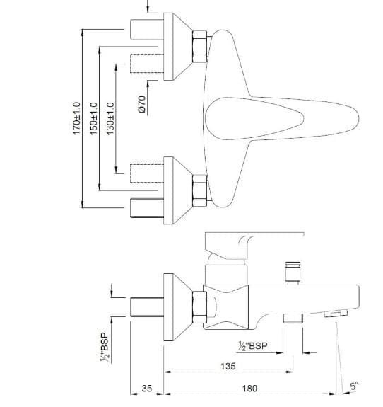 Bản vẽ kỹ thuật củ sen tắm gắn tường màu chrome Ấn Độ Jaquar VGP-ABR-81119