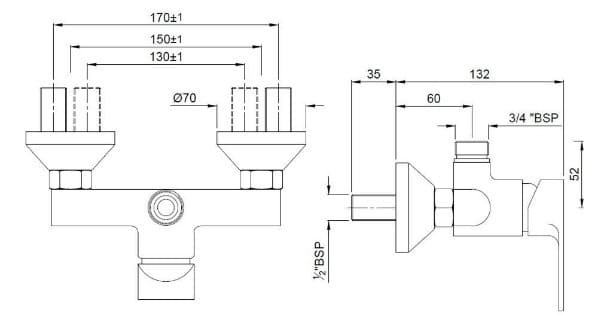 Bản vẽ kỹ thuật củ sen tắm gắn tường màu chrome Ấn Độ Jaquar VGP-BCH-81147
