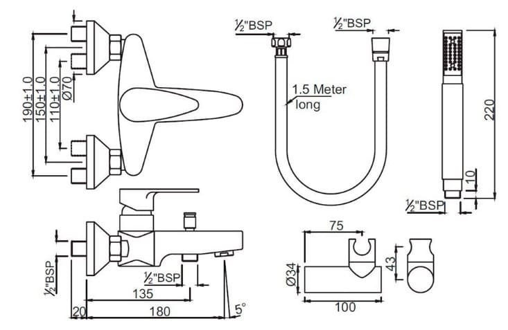Bản vẽ kỹ thuật sen tắm nóng lạnh gắn tường màu chrome Ấn Độ Jaquar VGP-CHR-81119SHK