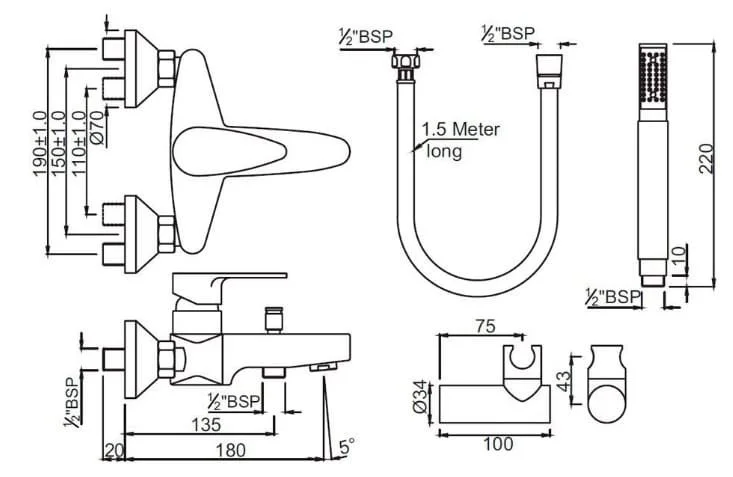Bản vẽ kỹ thuật sen tắm nóng lạnh gắn tường màu chrome Ấn Độ Jaquar VGP-CHR-81119SHK