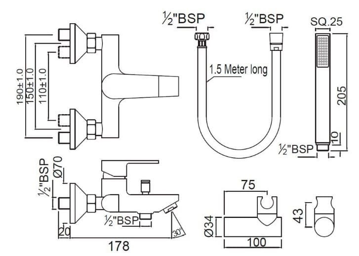 Bản vẽ kỹ thuật sen tắm nóng lạnh gắn tường Ấn Độ Jaquar ARI-CHR-39119SHK