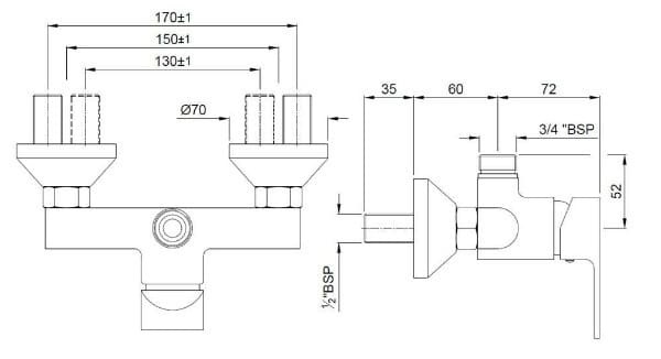 Bản vẽ kỹ thuật củ sen tắm gắn tường màu chrome Ấn Độ Jaquar ARI-CHR-39147