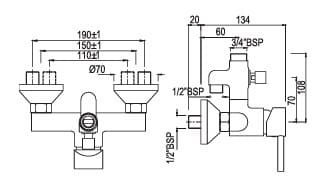 Bản vẽ kỹ thuật củ sen tắm gắn tường màu chrome Ấn Độ Jaquar FLR-CHR-5115V