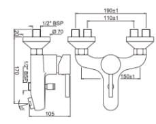 Bản vẽ kỹ thuật củ sen tắm gắn tường màu chrome Ấn Độ Jaquar FLR-CHR-5119