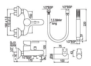Bản vẽ kỹ thuật sen tắm gắn tường màu chrome Ấn Độ Jaquar FLR-CHR-5119SHKV