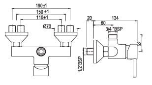 Bản vẽ kỹ thuật củ sen tắm gắn tường màu chrome Ấn Độ Jaquar FLR-CHR-5147V