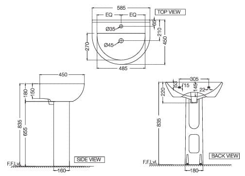 Bản vẽ kỹ thuật chân chậu dài Ấn Độ màu trắng Jaquar FLS-WHT-FLS-WHT-5301V