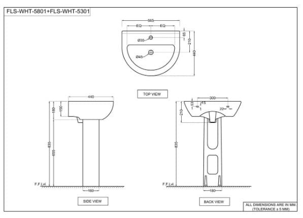 Bản vẽ kỹ thuật chậu rửa treo tường Ấn Độ màu trắng Jaquar FLS-WHT-5801