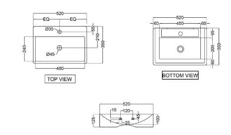 Bản vẽ kỹ thuật chậu rửa đặt bàn chữ nhật Ấn Độ màu trắng Jaquar FLS-WHT-5931
