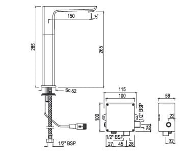 Bản vẽ kỹ thuật vòi chậu rửa cảm biến thân cao màu chrome Ấn Độ Jaquar SNR-ABR-15017PM