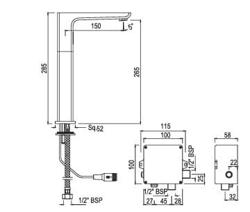 Bản vẽ kỹ thuật vòi chậu rửa cảm biến thân cao màu chrome Ấn Độ Jaquar SNR-ABR-35017PMEB