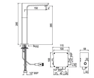 Bản vẽ kỹ thuật vòi chậu rửa cảm biến thân cao màu chrome Ấn Độ Jaquar SNR-ACR-15017PM