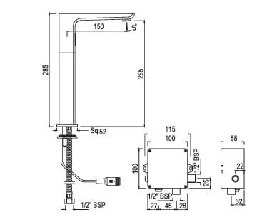 Bản vẽ kỹ thuật vòi chậu rửa cảm biến thân cao màu chrome Ấn Độ Jaquar SNR-BCH-35017PMEB