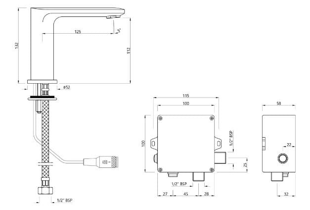 Bản vẽ kỹ thuật vòi chậu rửa mặt cảm biến dùng pin màu chrome Ấn Độ Jaquar SNR-BLM-15019PM