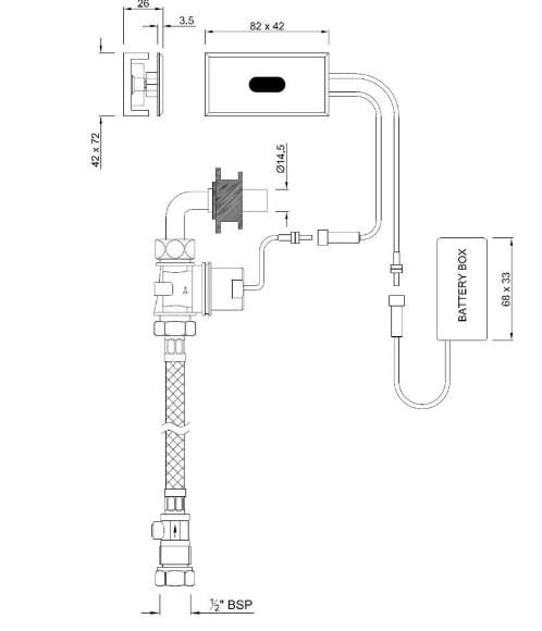 Bản vẽ kỹ thuật van xả bồn tiểu cảm biến dùng pin Ấn Độ Jaquar SNR-CHR-51097