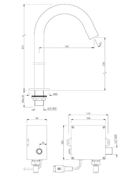 Bản vẽ kỹ thuật vòi chậu rửa cảm biến thân cao màu chrome Ấn Độ Jaquar SNR-BLM-51449