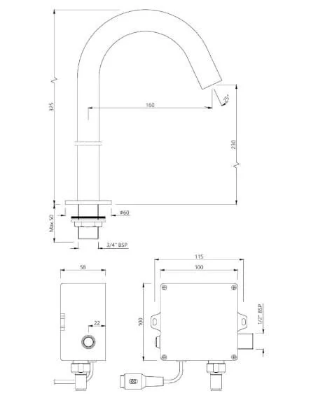 Bản vẽ kỹ thuật vòi chậu rửa cảm biến thân cao màu chrome Ấn Độ Jaquar SNR-GRF-51449