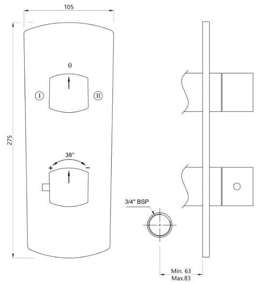 Bản vẽ kỹ thuật củ sen nhiệt độ âm tường Ấn Độ màu đen mờ Jaquar KUP-GRF-35681PMV
