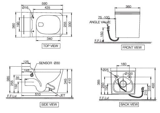 Bản vẽ kỹ thuật bồn cầu treo tường xả cảm biến Jaquar ARS-WHT-39961NBIUFSMTL