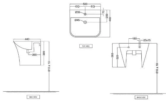Bản vẽ kỹ thuật chân chậu lửng Ấn Độ màu trắng Jaquar CNS-WHT-305V