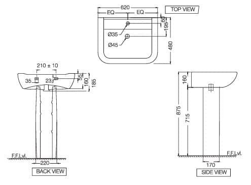 Bản vẽ kỹ thuật chân chậu dài Ấn Độ màu trắng Jaquar FNS-WHT-40301