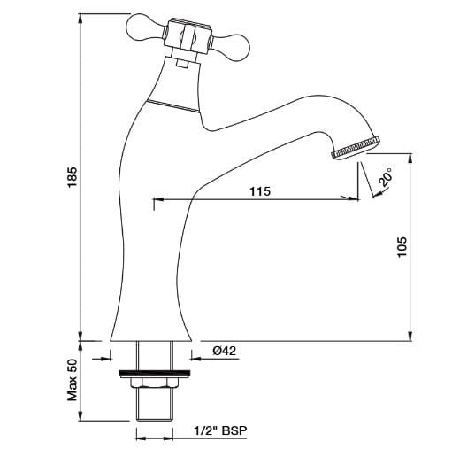 Bản vẽ kỹ thuật vòi chậu rửa lạnh màu đen mờ Ấn Độ Jaquar QQP-BLM-7011PM
