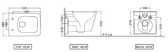 Bản vẽ kỹ thuật bồn cầu treo tường không vành màu be mờ Jaquar KUS-BEM-35953BIUFPM