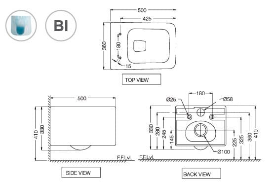 Bản vẽ kỹ thuật bồn cầu treo tường không vành màu trắng mờ Jaquar KUS-WHT-35953BIUFSMPM