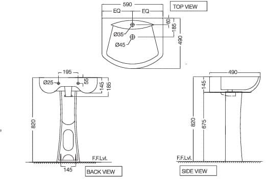 Bản vẽ kỹ thuật chậu rửa treo tường màu trắng Ấn Độ Jaquar LYS-WHT-38801