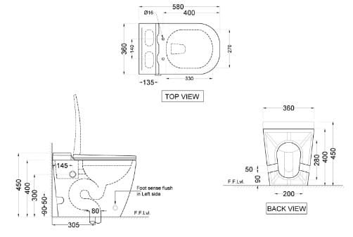 Bản vẽ kỹ thuật bồn cầu 1 khối thông minh không két nước Jaquar OPS-WHT-15851S300UFSMTL