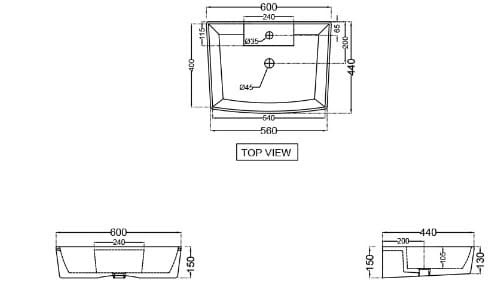 Bản vẽ kỹ thuật chậu dương bàn đá Ấn Độ màu trắng mờ Jaquar KUS-WHM-35931PM