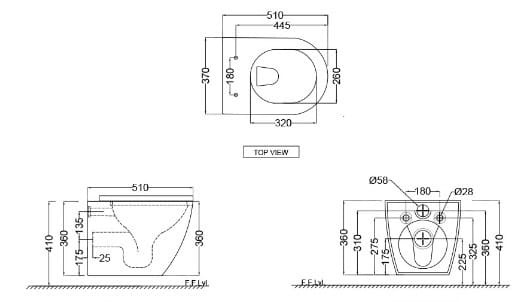 Bản vẽ kỹ thuật bồn cầu treo tường không vành màu be mờ Jaquar OPS-BEM-15953BIUFPM