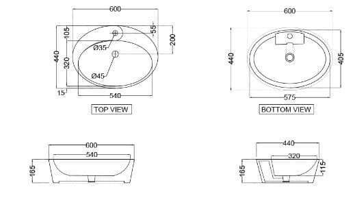 Bản vẽ kỹ thuật chậu dương bàn đá Ấn Độ màu đen mờ Jaquar OPS-BLM-15931PM
