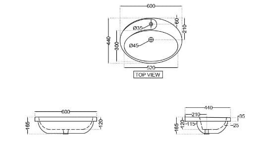 Bản vẽ kỹ thuật chậu dương bàn đá Ấn Độ màu xám mờ Jaquar OPS-GRM-15601PM