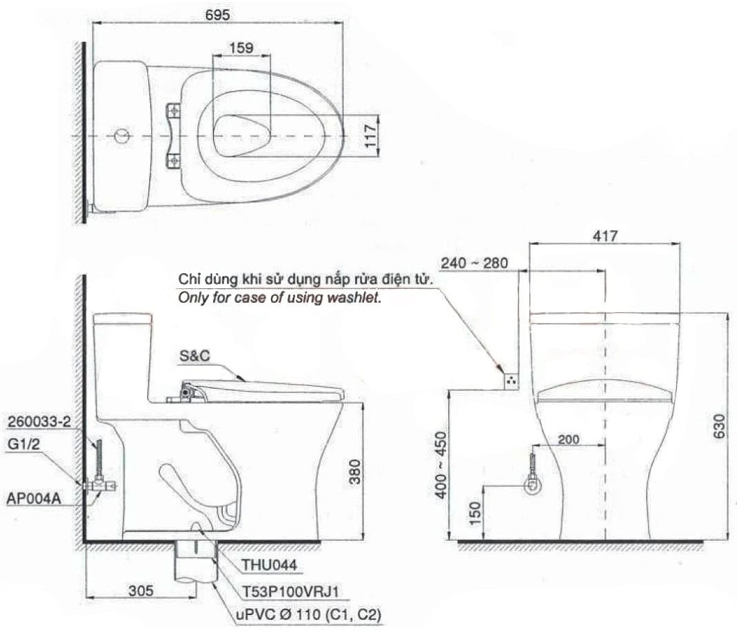 Bản vẽ kỹ thuật bồn cầu 1 khối kèm nắp điện tử TOTO MS885CDW23