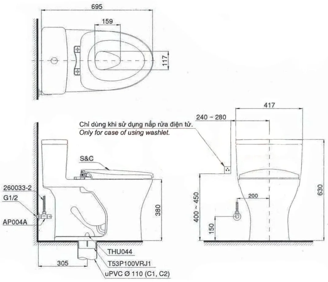 Bản vẽ kỹ thuật bồn cầu 1 khối kèm nắp điện tử TOTO MS885CDW23