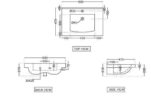 Bản vẽ kỹ thuật chậu rửa treo tường màu trắng Ấn Độ Jaquar JDS-WHT-25803N