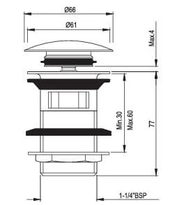 Bản vẽ kỹ thuật đầu xả nhấn có tràn màu vàng sáng Jaquar ALD-GBP-729L130