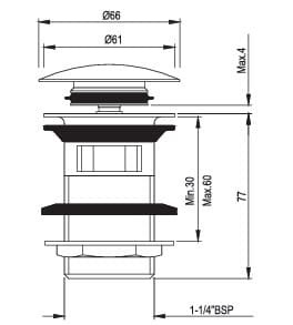Bản vẽ kỹ thuật đầu xả nhấn có tràn màu than chì Jaquar ALD-SSF-729L130