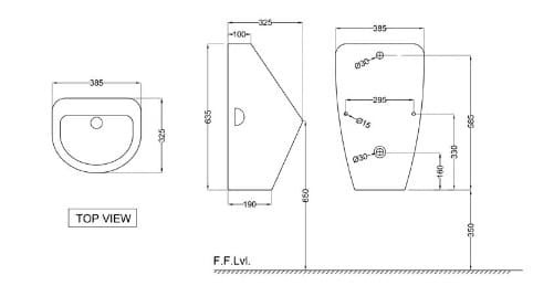 Bản vẽ kỹ thuật tiểu nam treo tường màu đen mờ Jaquar URS-BLM-13253N