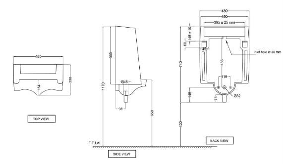 Bản vẽ kỹ thuật tiểu nam treo tường màu trắng Jaquar URS-WHT-13255 (không kèm cản biến)