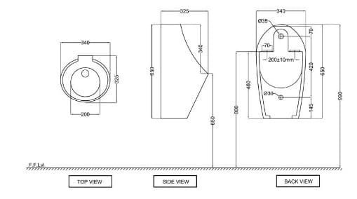 Bản vẽ kỹ thuật tiểu nam treo tường màu trắng mờ Jaquar URS-WHT-13263