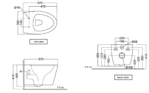 Bản vẽ kỹ thuật bồn cầu treo tường không vành màu trắng mờ Jaquar VGS-WHT-81953UF